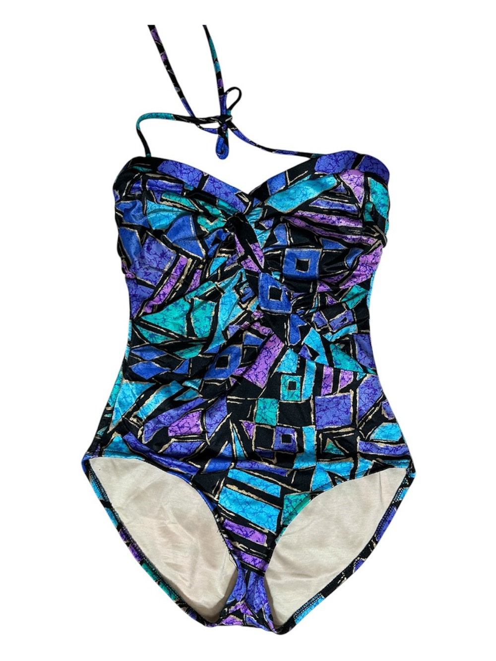 Vintage one piece halter bathing suit purple, blue geometric, print size 14
